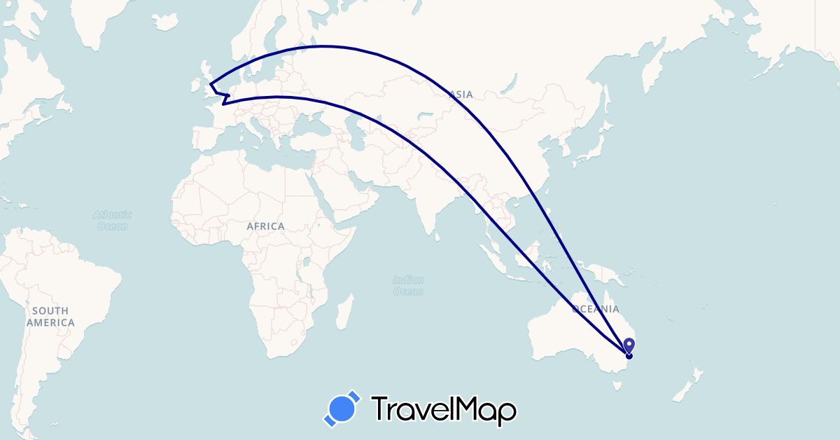 TravelMap itinerary: driving in Australia, Belgium, France, United Kingdom, Thailand (Asia, Europe, Oceania)