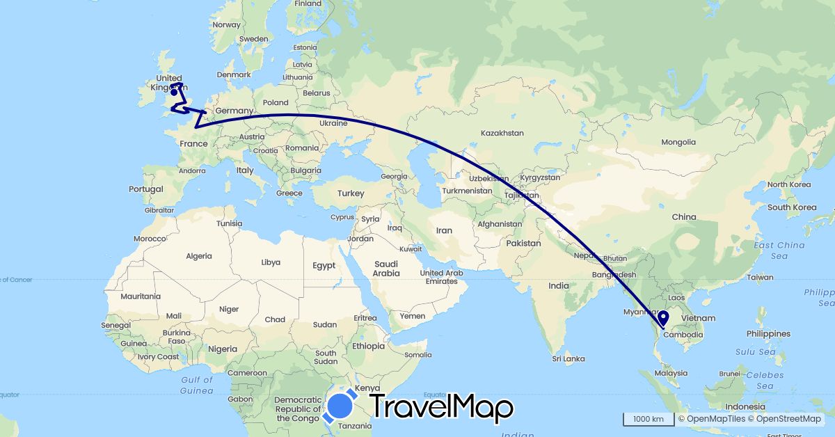 TravelMap itinerary: driving in Belgium, France, United Kingdom, Thailand (Asia, Europe)
